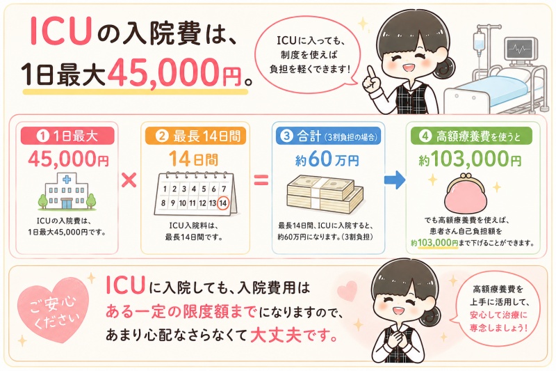 病院医療費入院ICU1日45000円料金費用高額療養費10万円