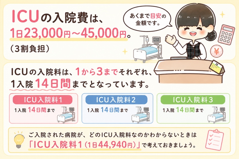 病院医療費入院ICU1日料金費用1日23000-45000高額療養費2