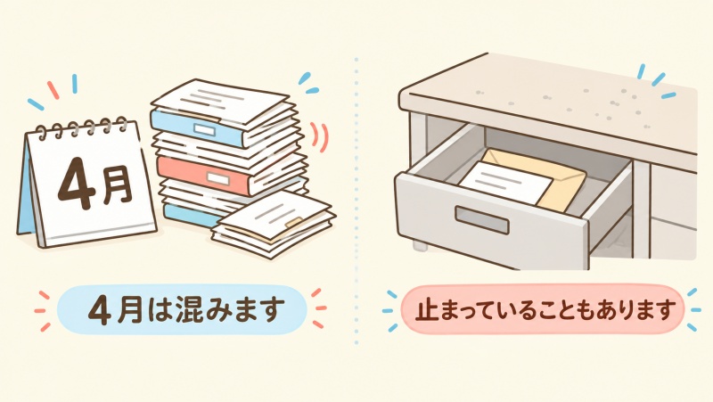 4月は健康保険の手続きが遅くなりやすいことの図解